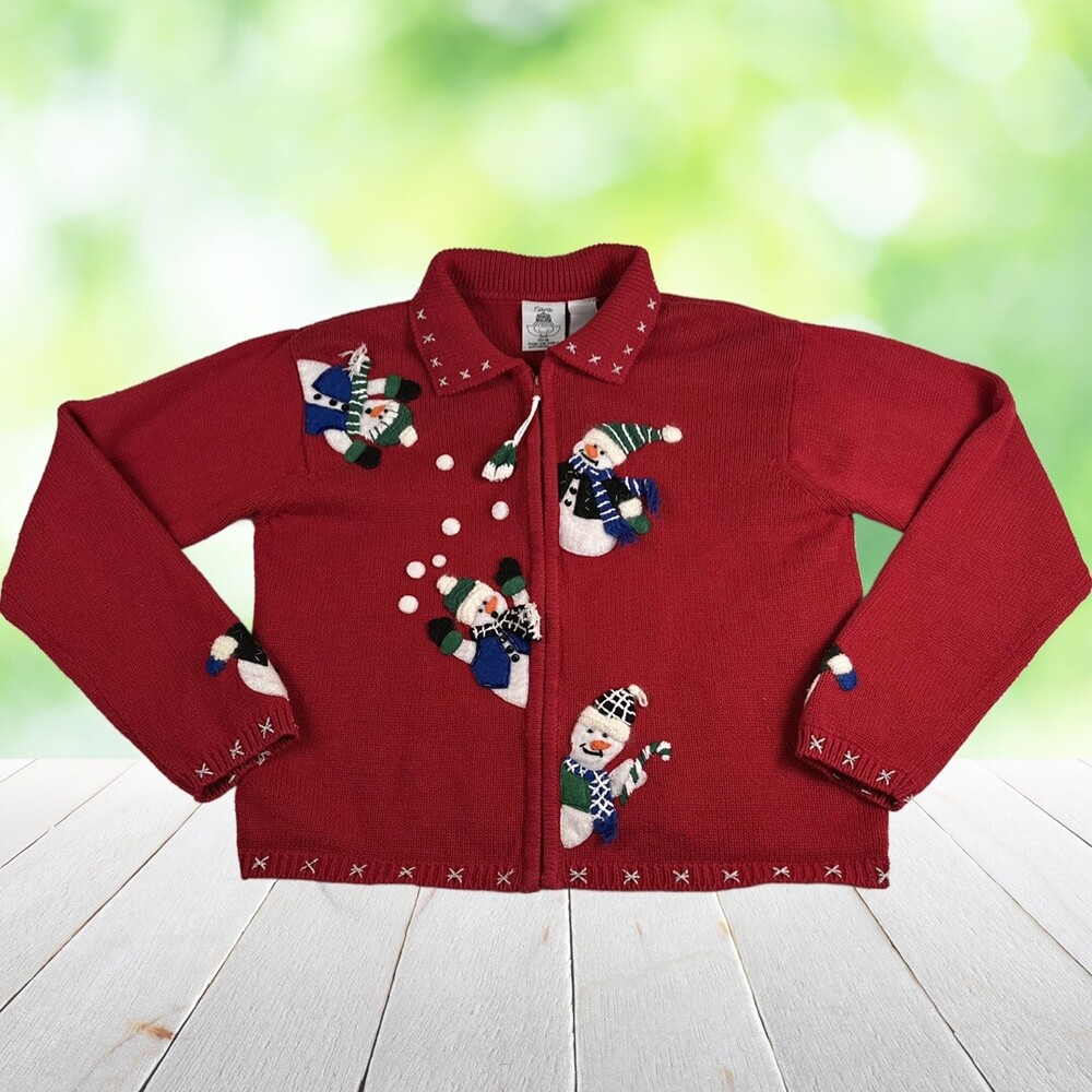 Vintage Y2K TIARA Embroidered Christmas Cardigan Full Zip Snowmen Red Girls L